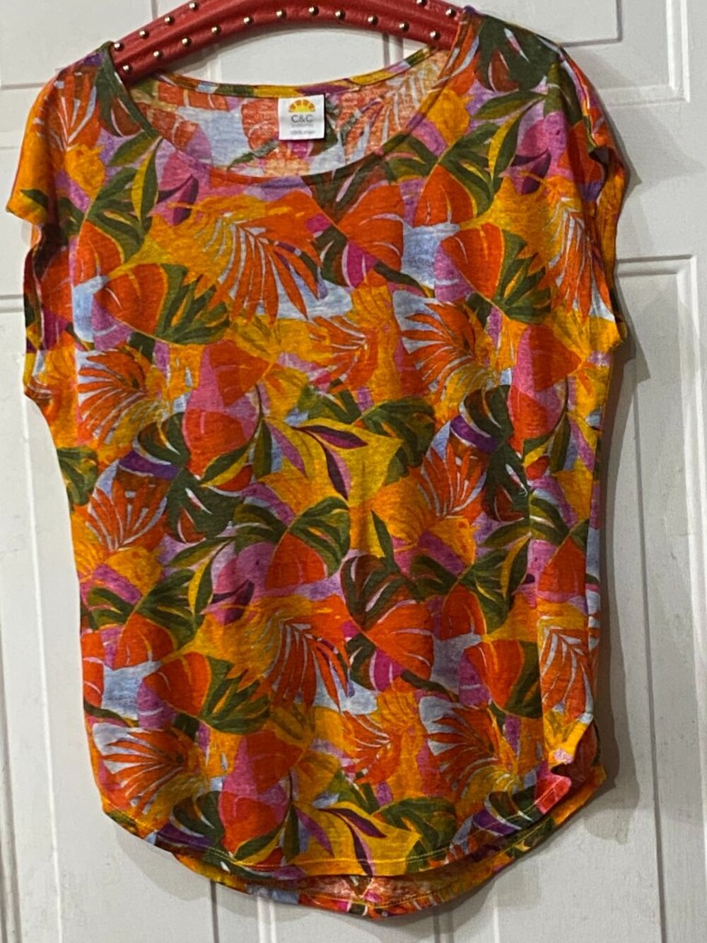 C&C California Linen Knit Top Blouse Sz L Cap Sleeve Multicolor Tropical